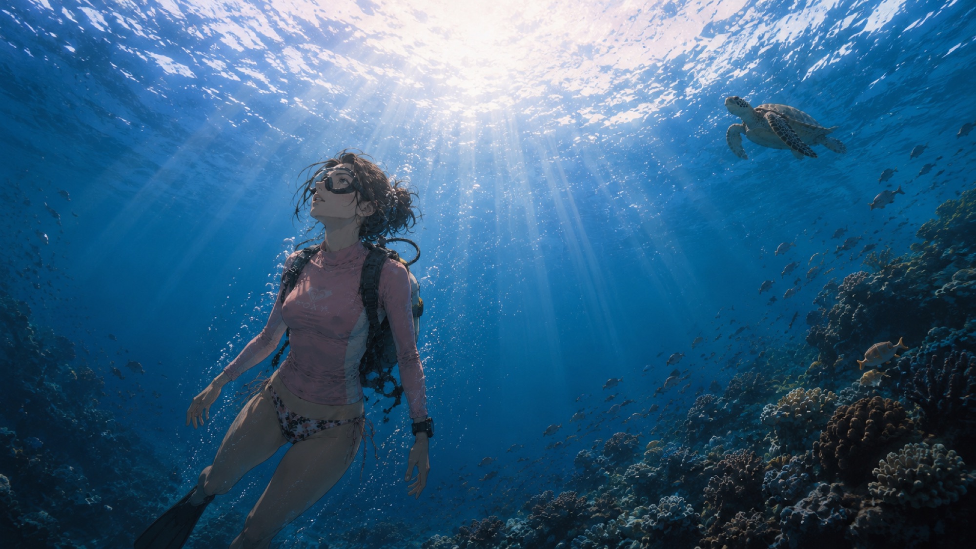 Blue Horizon series plate — Nina ascending through the reef at Moon Lagoon