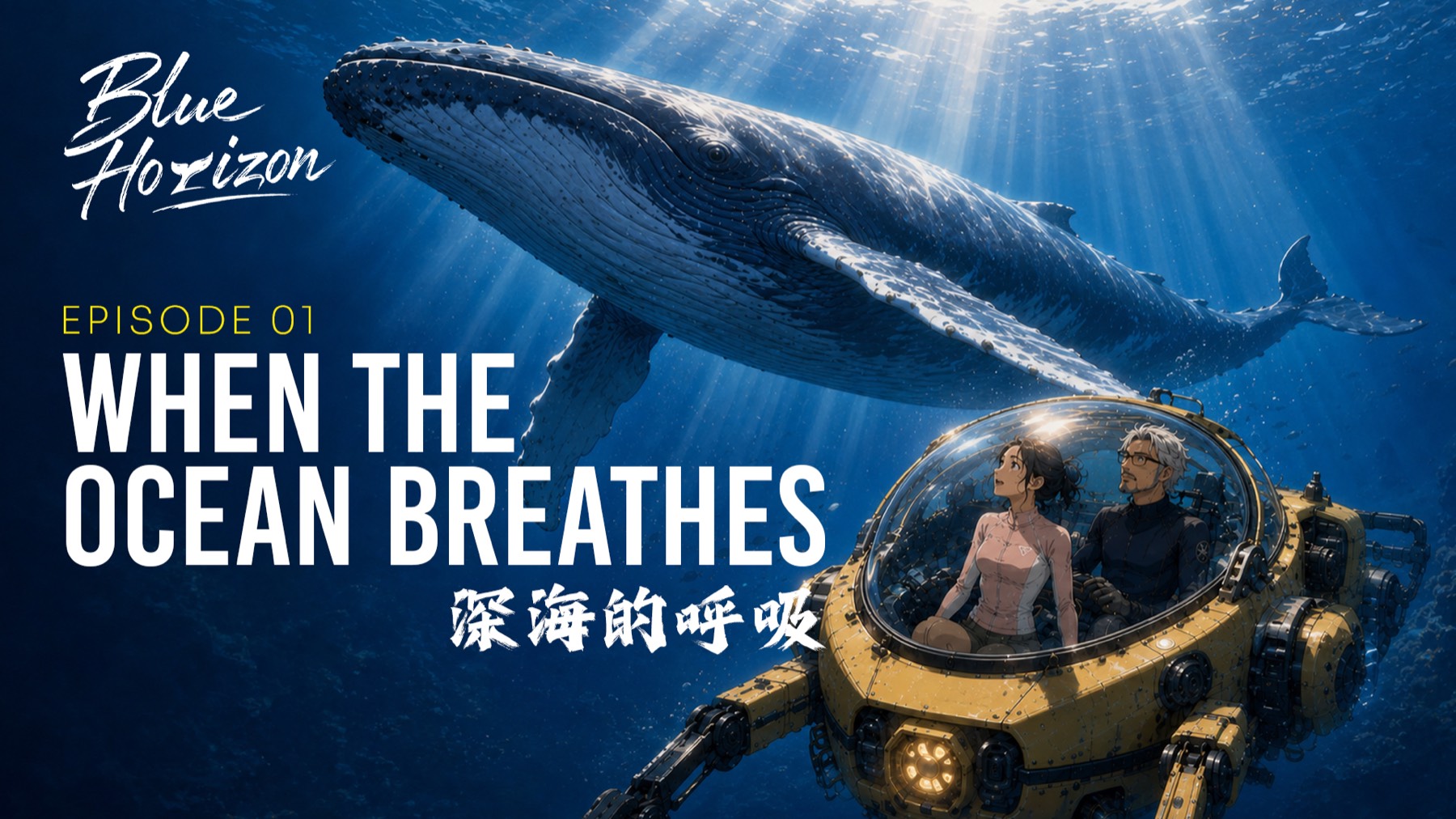 Blue Horizon EP.01 key art, When the Ocean Breathes — Nina and Haiyang aboard ABU-07 “Deep Blue” as a humpback whale passes overhead