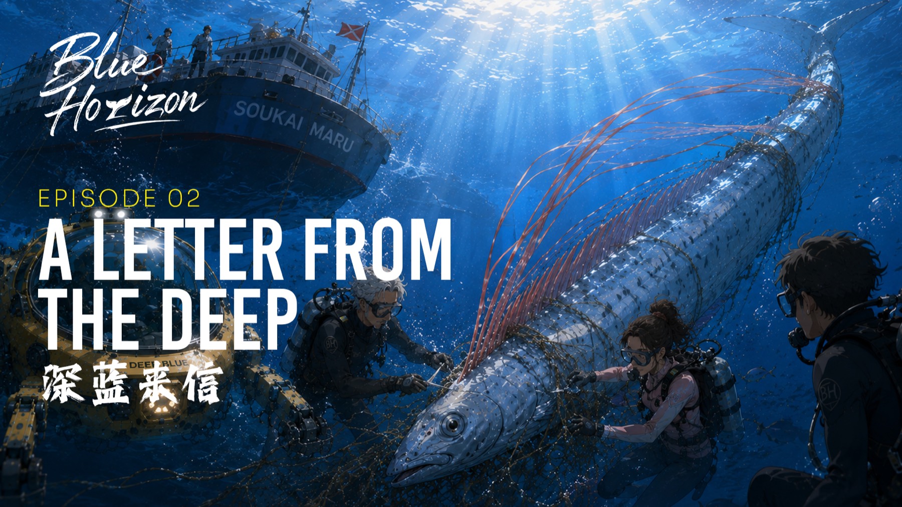 Blue Horizon EP.02 key art, A Letter from the Deep — divers freeing an entangled oarfish beside the Soukai Maru