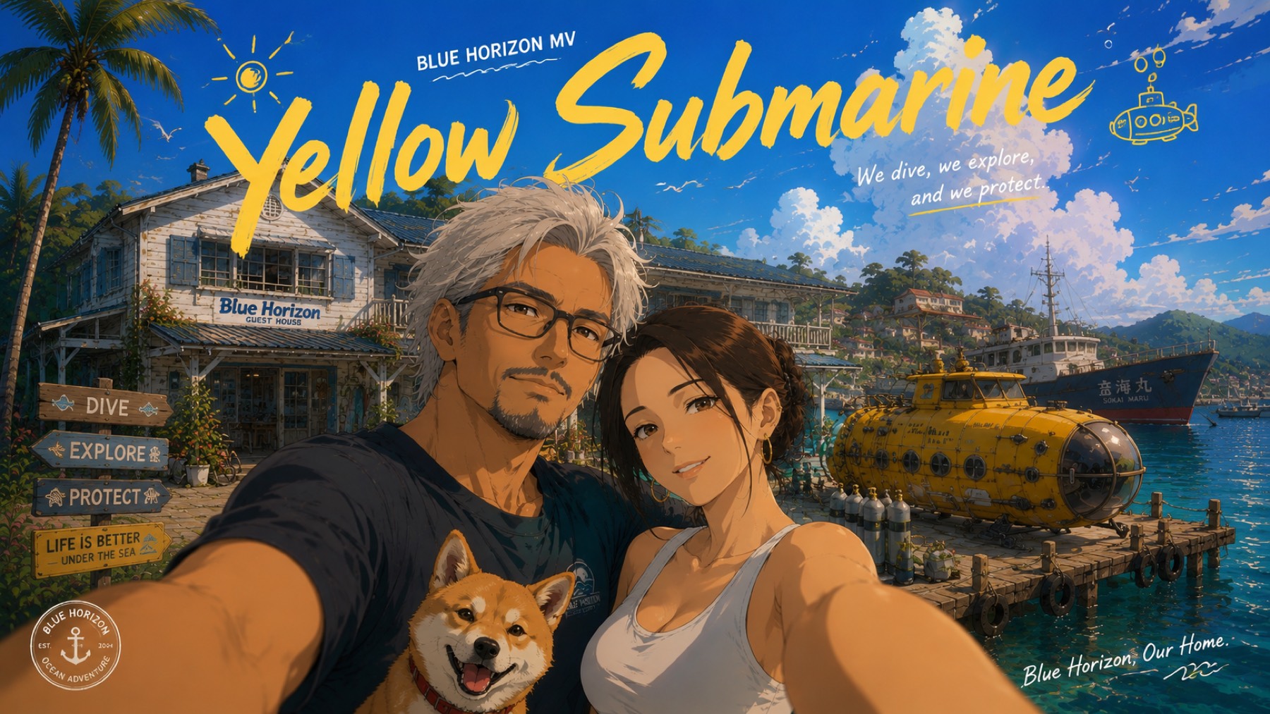 Blue Horizon key art, Yellow Submarine music film — Haiyang and Nina at Moon Lagoon harbour with ABU-07 “Deep Blue”