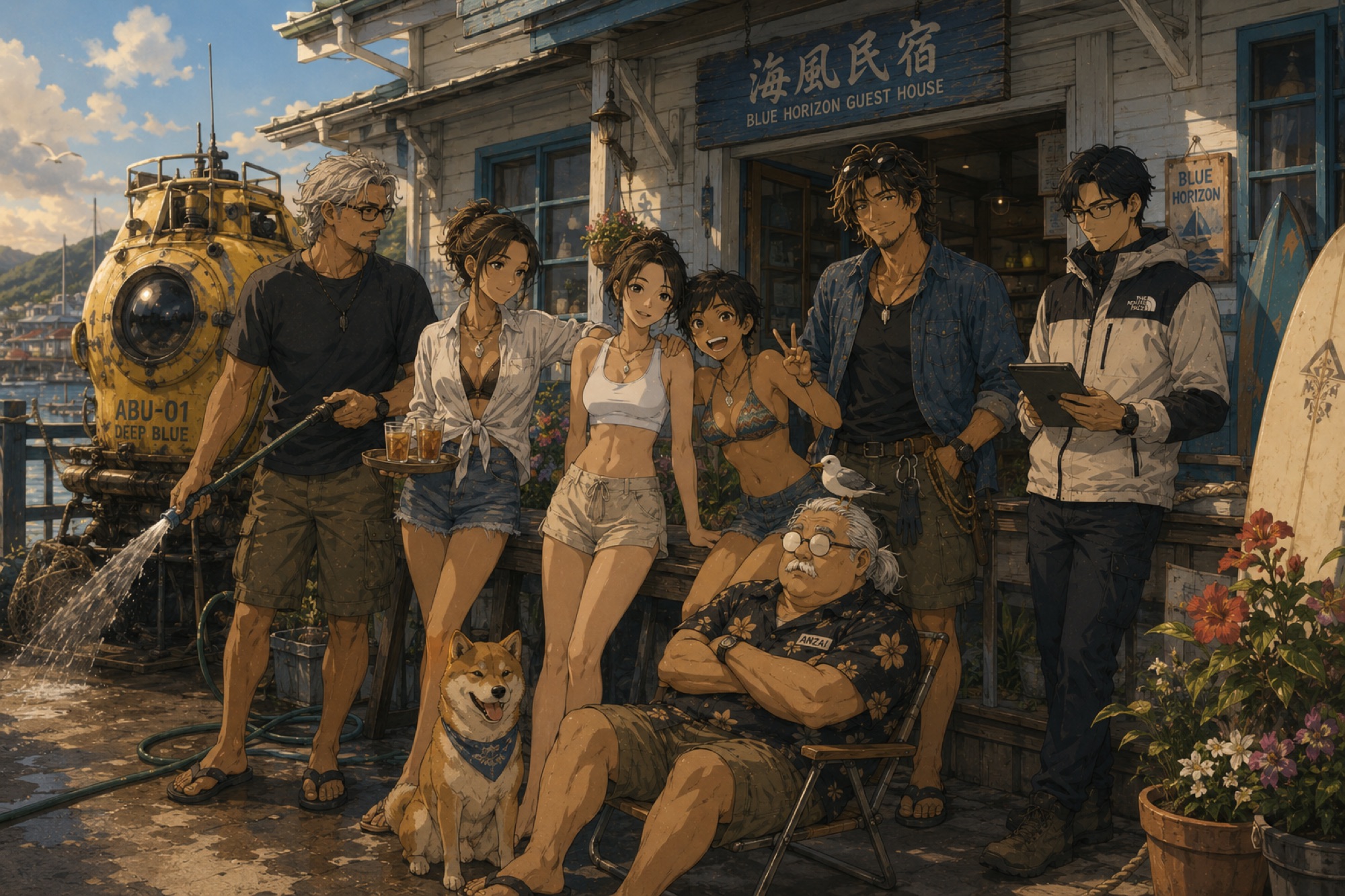 The cast of Blue Horizon outside the Blue Horizon Guest House, with ABU-07 “Deep Blue” on the pier