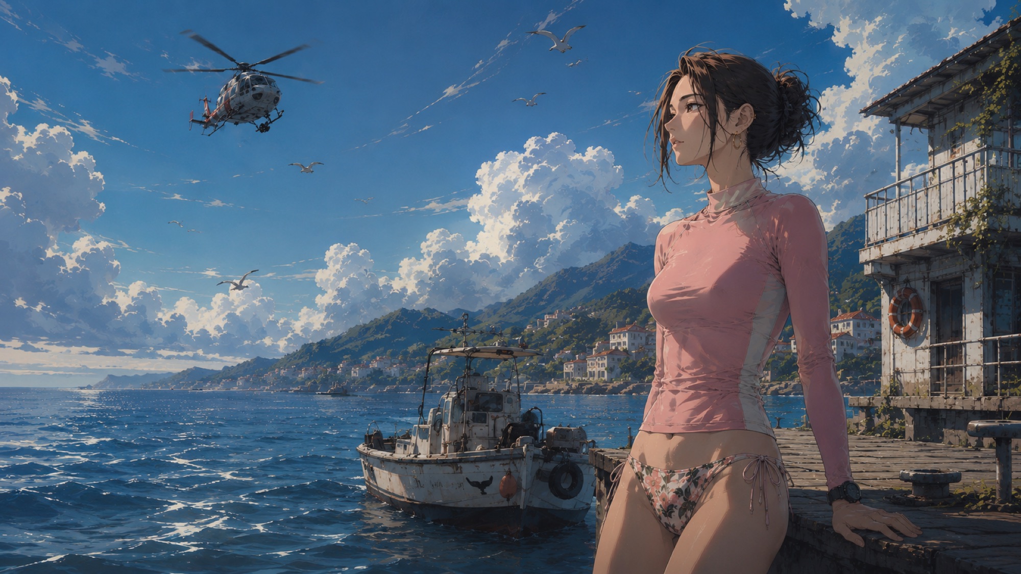 Nina on the pier at Moon Lagoon as the H125 passes overhead