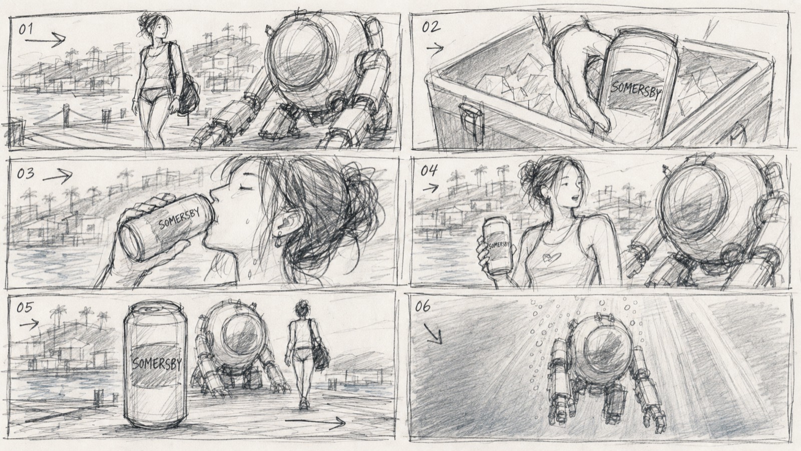 Hand-drawn six-panel storyboard for the Somersby concept spot