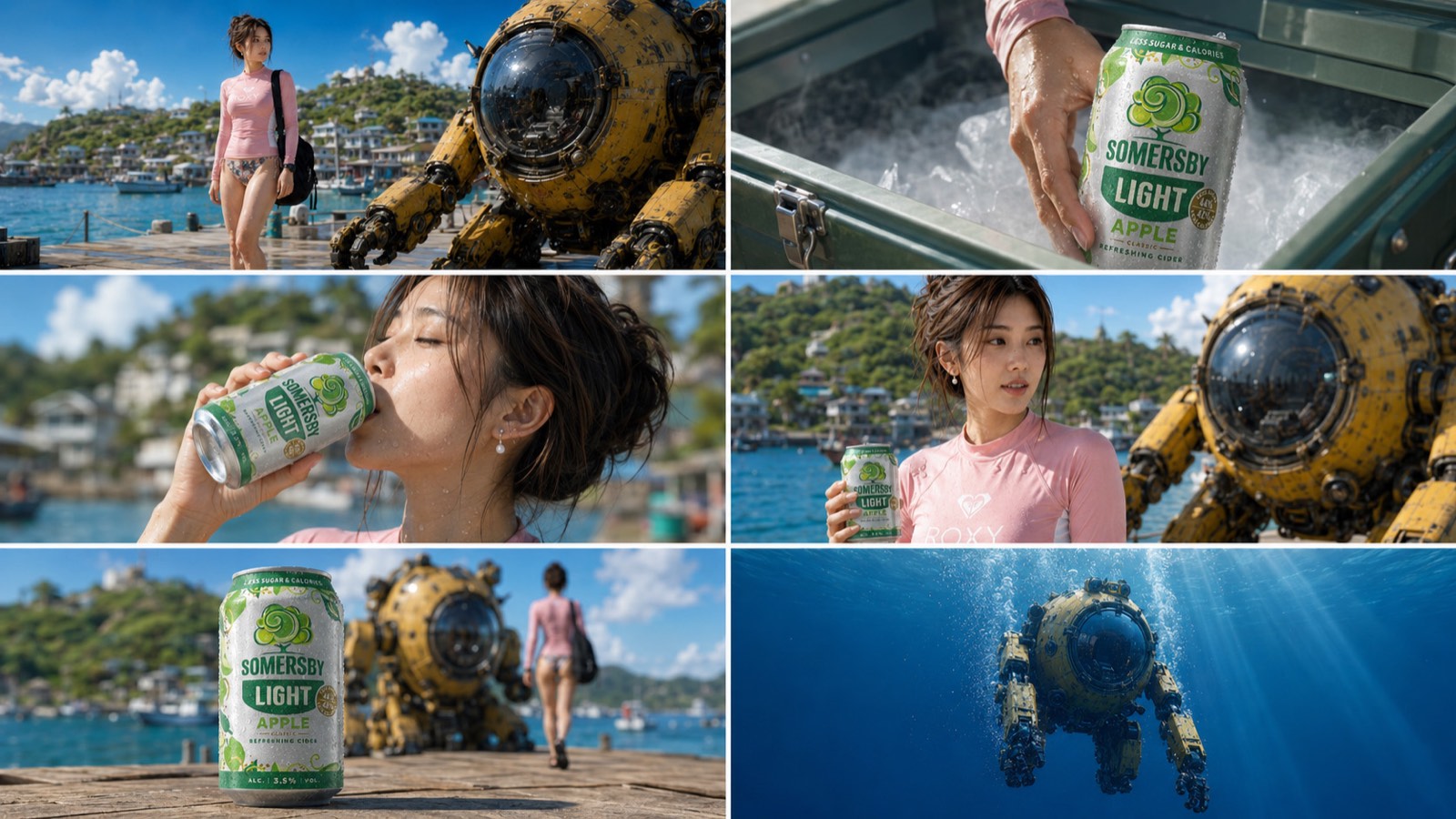 The same six panels resolved into a real environment with the actor in frame